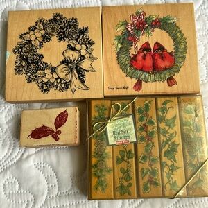 COPY - Bundle of 8 Christmas wood mounted rubber stamp lot border greenery stam…